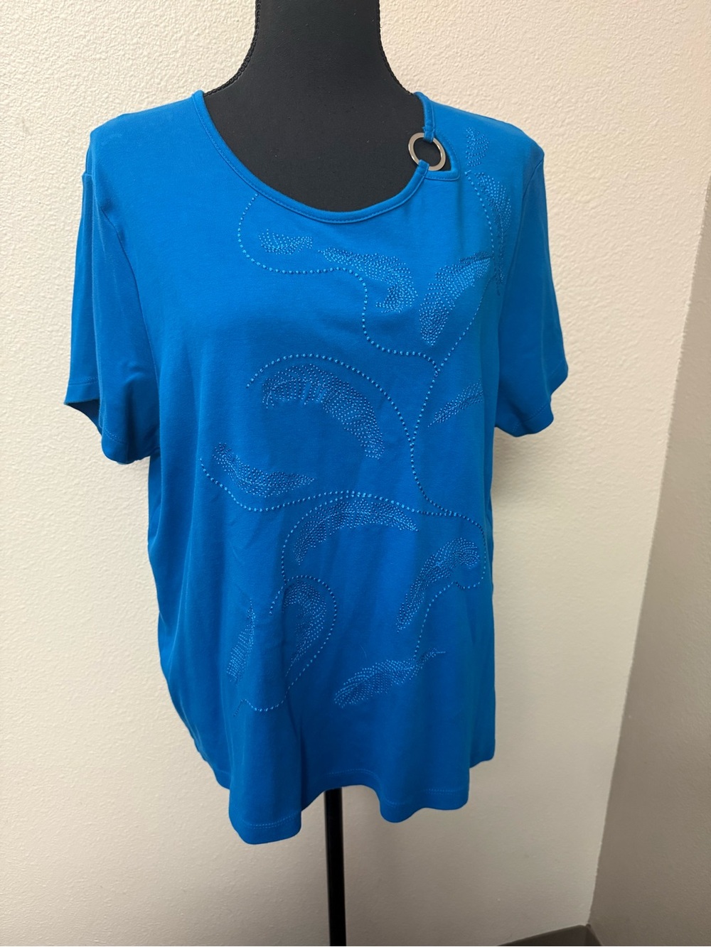 TanJay Blue Embellished Ring Neck Stretch Top XL Casual Career Blouse - Picture 3 of 10